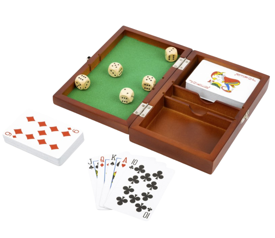 [ZE 11363] Holzbox mit Karten und Würfelspiel