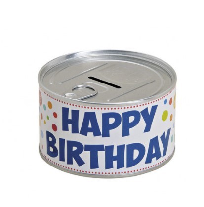 [ZE 10019734] Tirelire boîte de conserve «Happy Birthday»